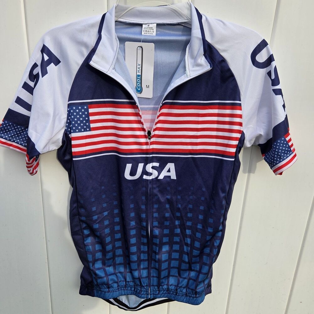 USA Flag Blue Red Sportswear Short Sleeve Full Zip Cycling Jersey Men's Size M